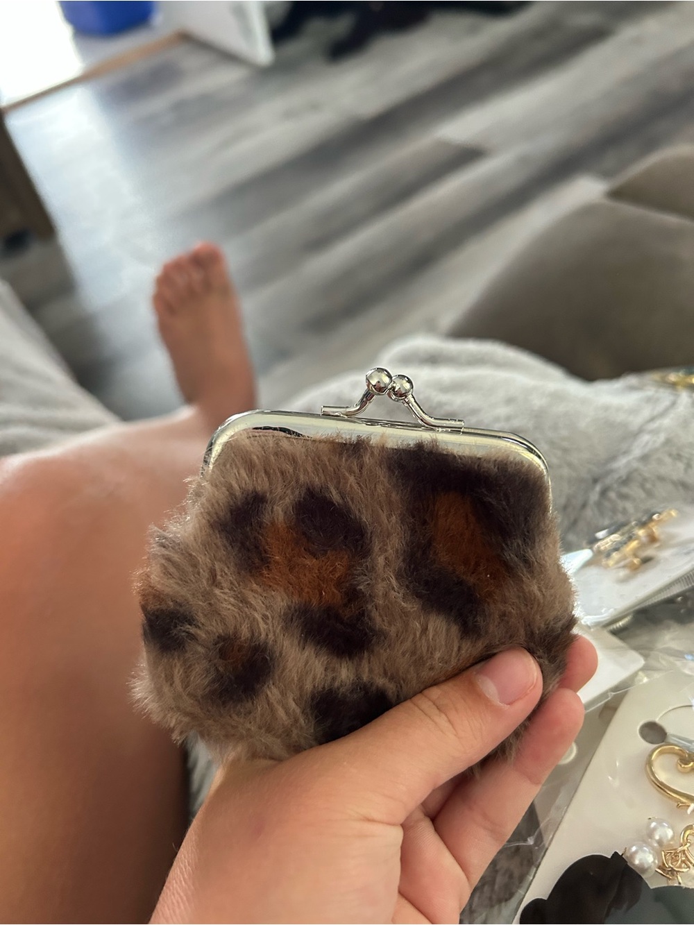 4/$50 Leopard Print Faux Fur Coin Purse - Brown wallet